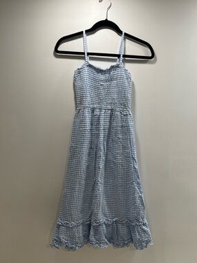 Light Blue Gingham Smocked summer Dress with Ruffle Hem